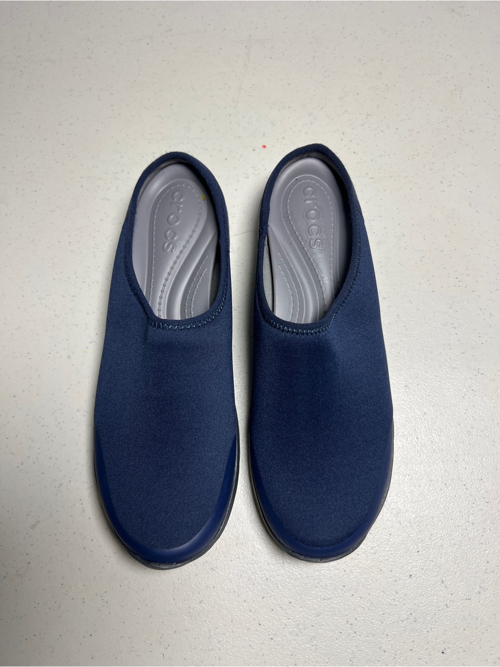 Crocs Womens Slip On Mules Cloth Sz 10 Blue Clogs Fabric Duet Busy Day No Back